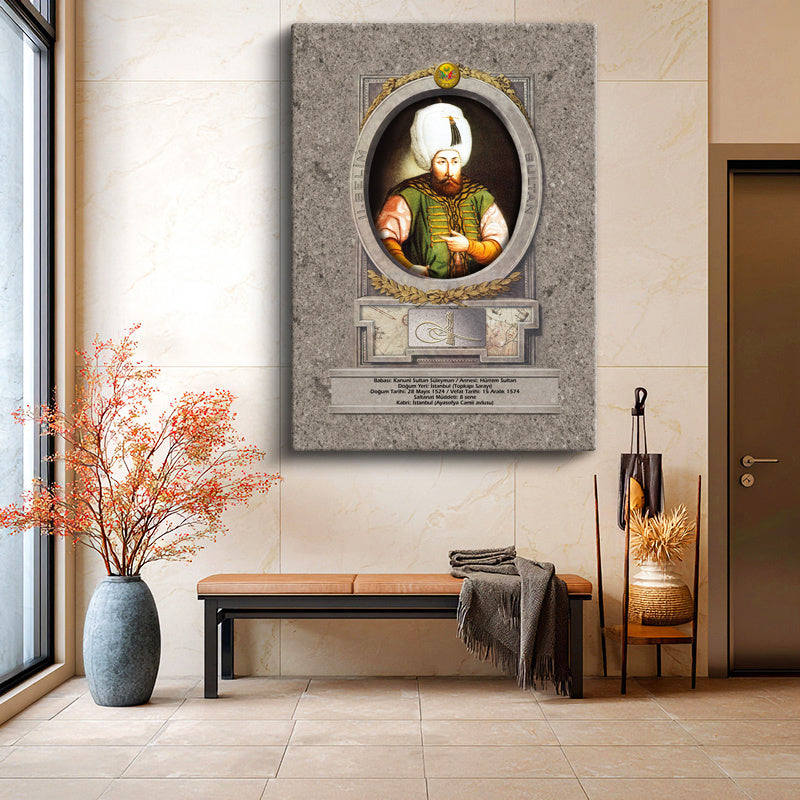 Dikey Kanvas Tablo İkinci Selim Han Padişah Portresi Osmanlı Tablosu Ev Ofis Duvar Dekoru