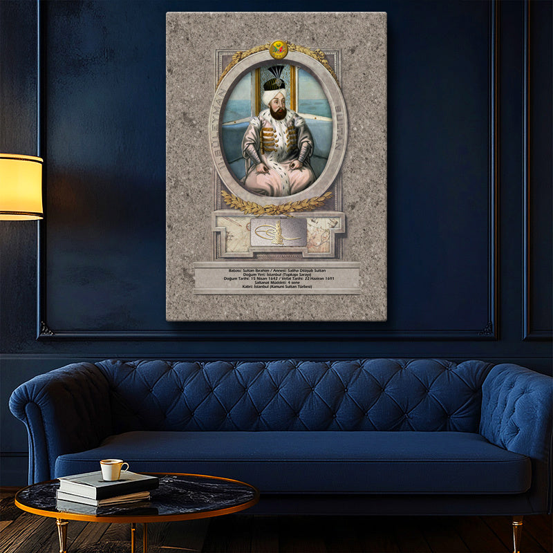 Dikey Kanvas Tablo İkinci Süleyman Han Padişah Portresi Osmanlı Tablosu Ev Ofis Duvar Dekoru