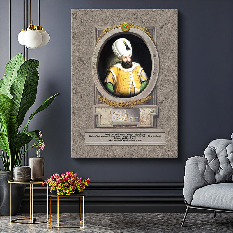 Dikey Kanvas Tablo Üçüncü Mehmed Han Padişah Portresi Osmanlı Tablosu Ev Ofis Duvar Dekoru