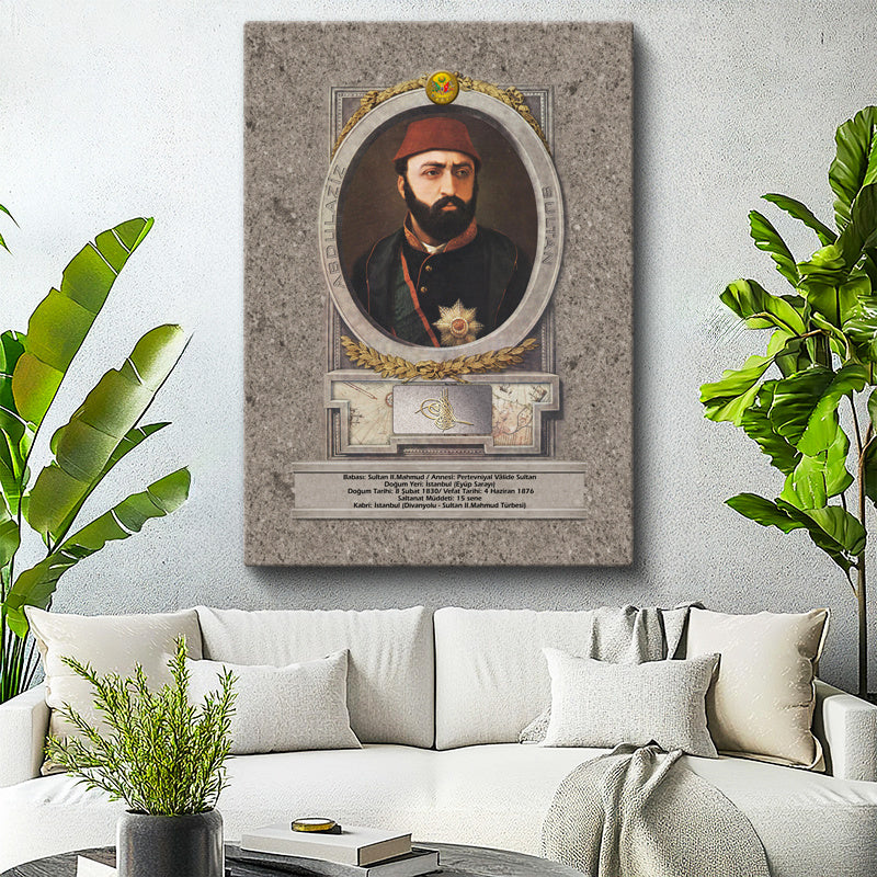 Dikey Kanvas Tablo Sultan Abdülaziz Portresi Osmanlı Tablosu Ev Ofis Duvar Dekoru