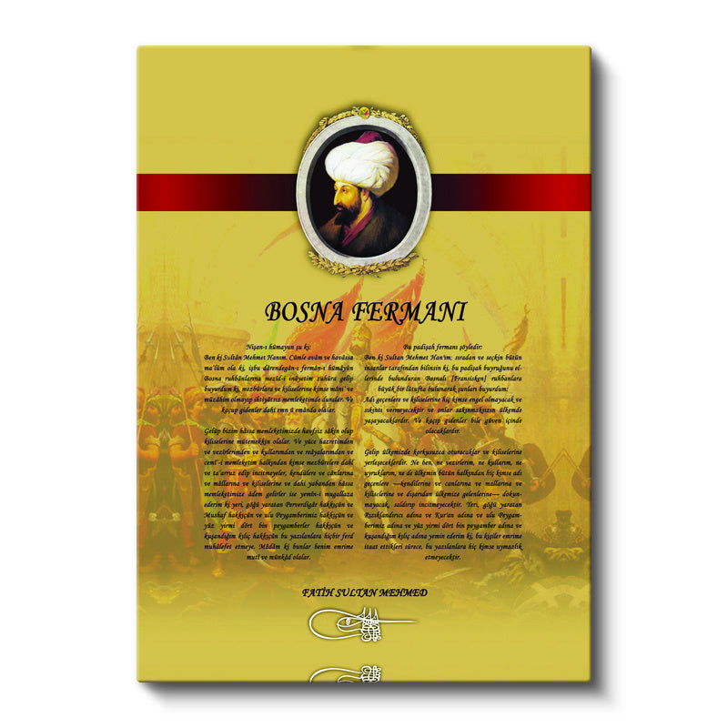 Dikey Kanvas Tablo Bosna Fermanı Belgesi Osmanlı Tablosu Ev Ofis Duvar Dekoru