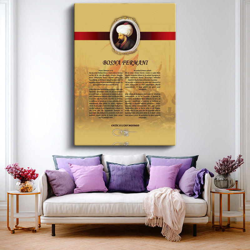 Dikey Kanvas Tablo Bosna Fermanı Belgesi Osmanlı Tablosu Ev Ofis Duvar Dekoru