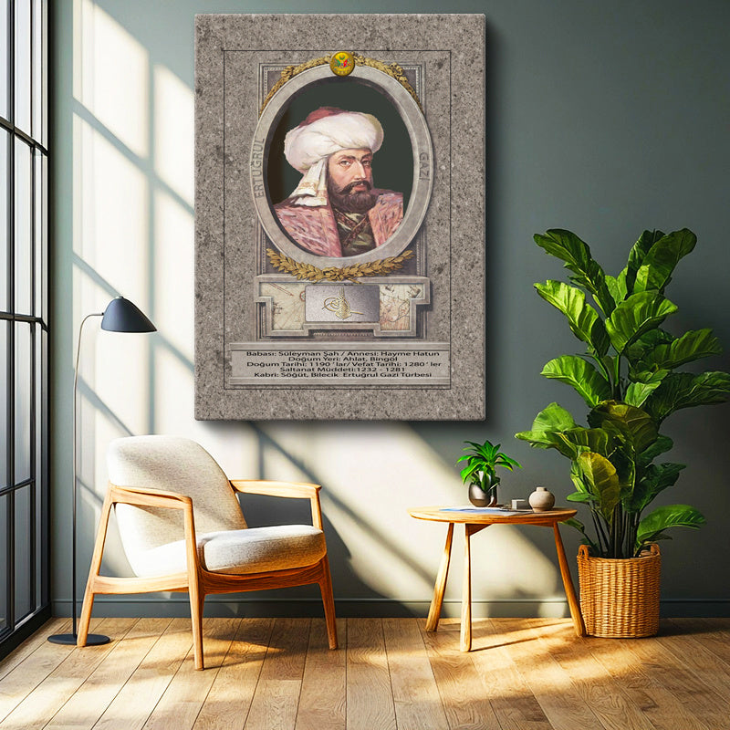 Dikey Kanvas Tablo Ertuğrul Gazi Portresi Osmanlı Tablosu Ev Ofis Duvar Dekoru