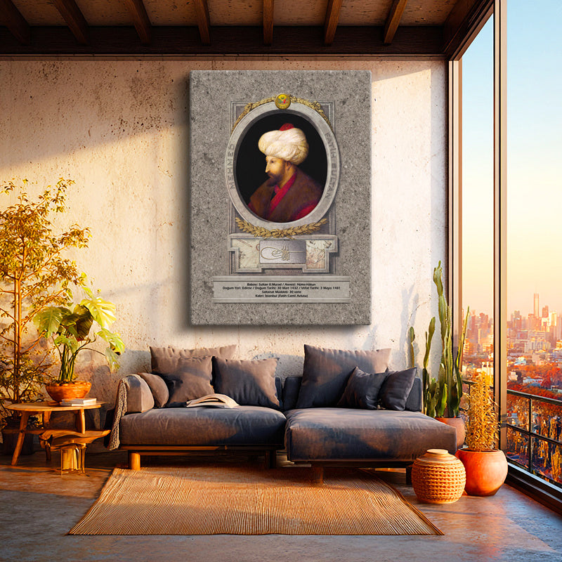 Dikey Kanvas Tablo Fatih Sultan Mehmed Klasik Portre Osmanlı Tablosu Ev Ofis Duvar Dekoru