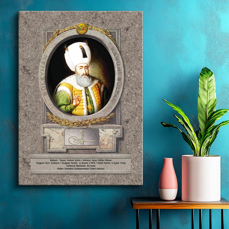 Dikey Kanvas Tablo Kanuni Sultan Süleyman Portresi Osmanlı Tablosu Ev Ofis Duvar Dekoru