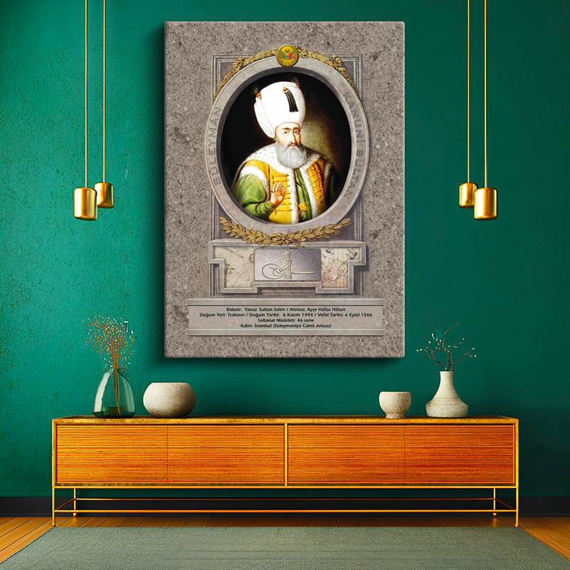 Dikey Kanvas Tablo Kanuni Sultan Süleyman Portresi Osmanlı Tablosu Ev Ofis Duvar Dekoru