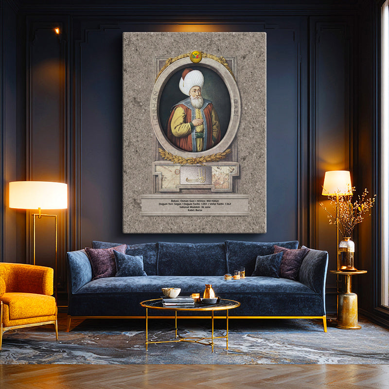 Dikey Kanvas Tablo Orhan Gazi Portresi Osmanlı Tablosu Ev Ofis Duvar Dekoru