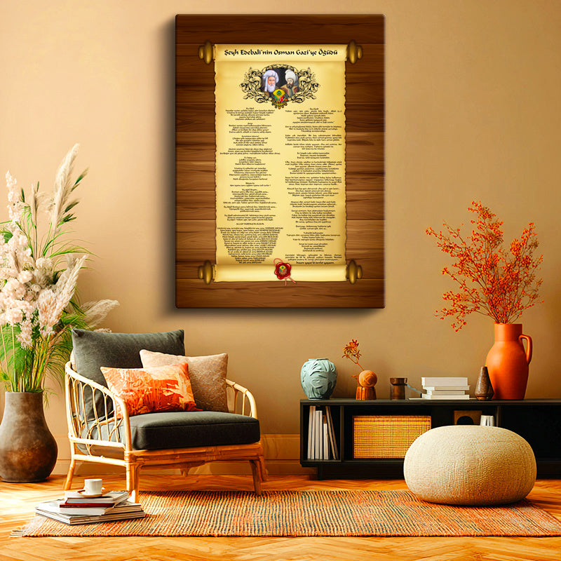 Dikey Kanvas Tablo Şeyh Edebali Osman Gazi Öğüdü Osmanlı Tablosu Ev Ofis Duvar Dekoru
