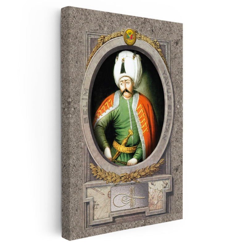 Dikey Kanvas Tablo Yavuz Sultan Selim Portresi Osmanlı Tablosu Ev Ofis Duvar Dekoru