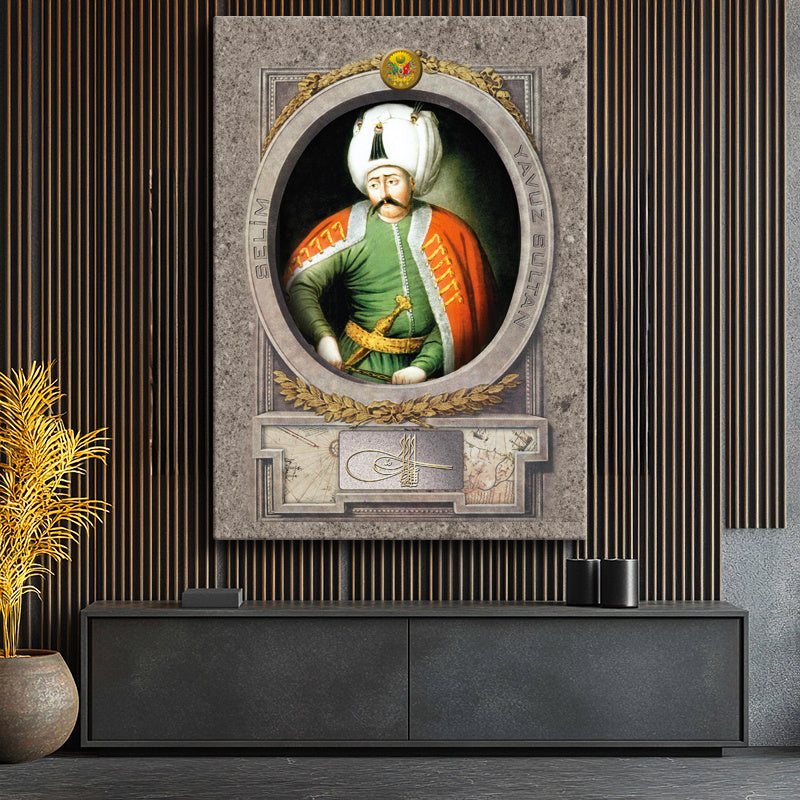 Dikey Kanvas Tablo Yavuz Sultan Selim Portresi Osmanlı Tablosu Ev Ofis Duvar Dekoru