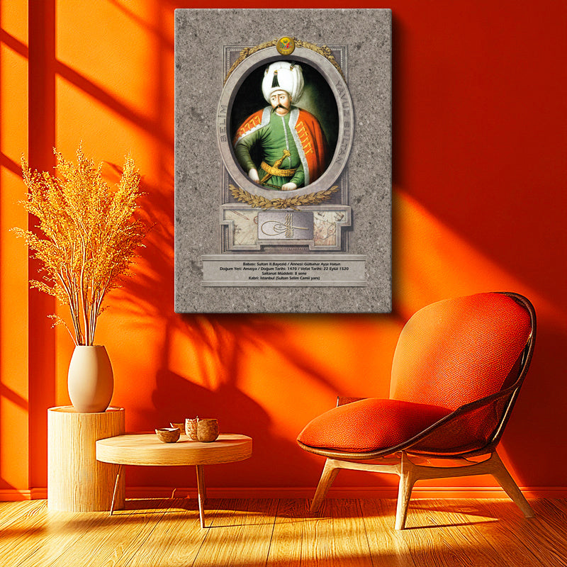 Dikey Kanvas Tablo Yavuz Sultan Selim Klasik Portre Osmanlı Tablosu Ev Ofis Duvar Dekoru