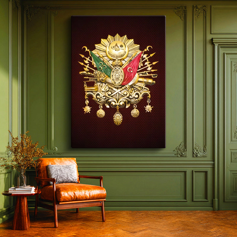 Dikey Kanvas Tablo Altın Görünümlü Devlet-i Aliyye Arması Osmanlı Tablosu Ev Ofis Duvar Dekoru