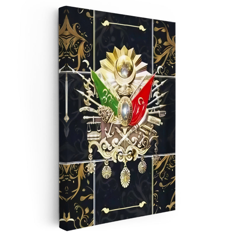 Dikey Kanvas Tablo Altın Motifli Osmanlı Arması Osmanlı Tablosu Ev Ofis Duvar Dekoru