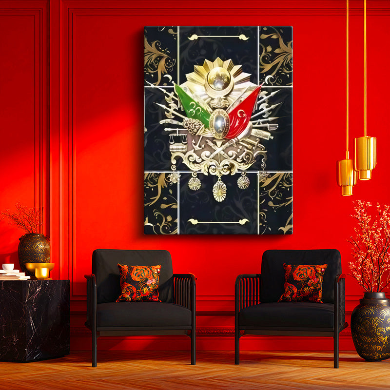 Dikey Kanvas Tablo Altın Motifli Osmanlı Arması Osmanlı Tablosu Ev Ofis Duvar Dekoru