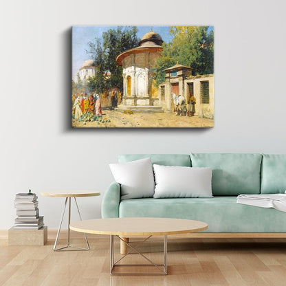 Osmanlı Mimarisi - Tarihi Çeşme ve Cami Manzarası Kanvas Tablo