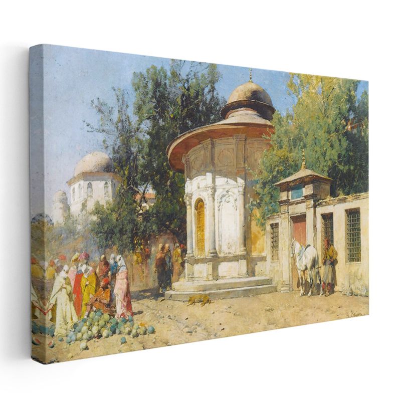 Osmanlı Mimarisi - Tarihi Çeşme ve Cami Manzarası Kanvas Tablo