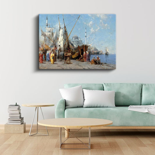 İstanbul Limanı - Yelkenliler ve Cami Manzarası Kanvas Tablo