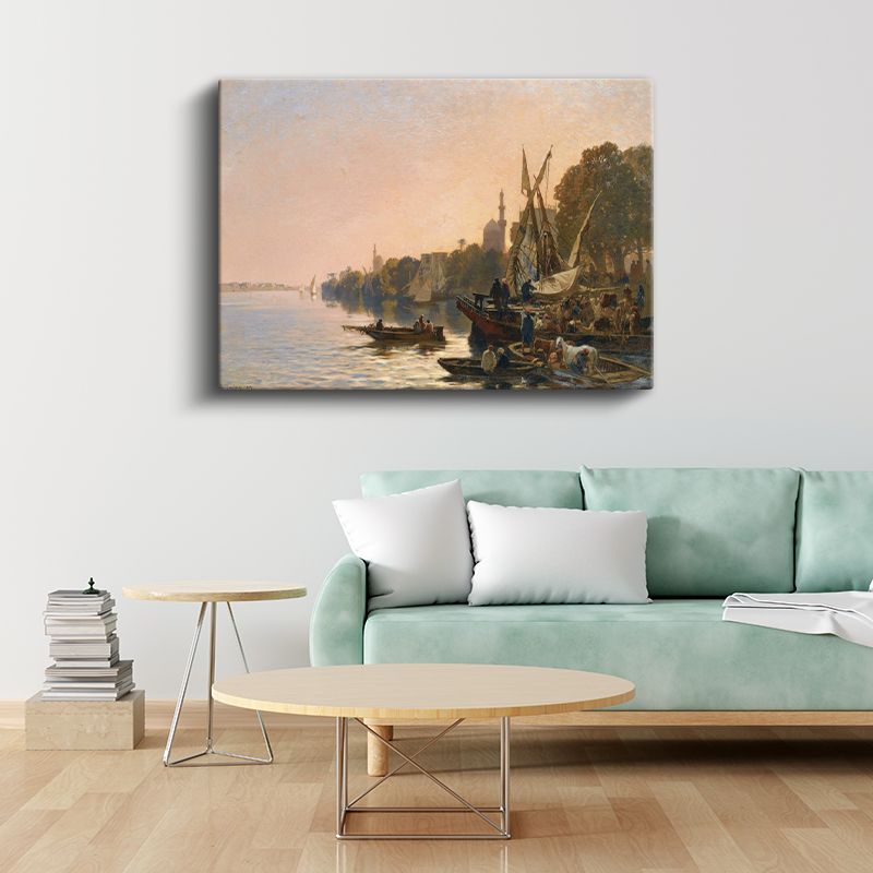 Nil Kıyısı - Gün Batımında Tekneler ve Manzara Kanvas Tablo