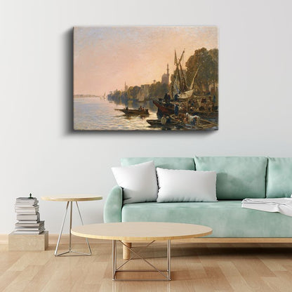 Nil Kıyısı - Gün Batımında Tekneler ve Manzara Kanvas Tablo