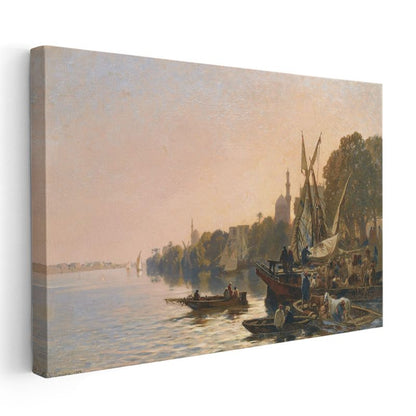 Nil Kıyısı - Gün Batımında Tekneler ve Manzara Kanvas Tablo