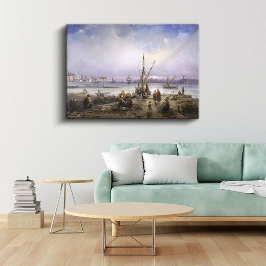 İstanbul Kıyıları - Balıkçılar ve Deniz Manzarası Kanvas Tablo