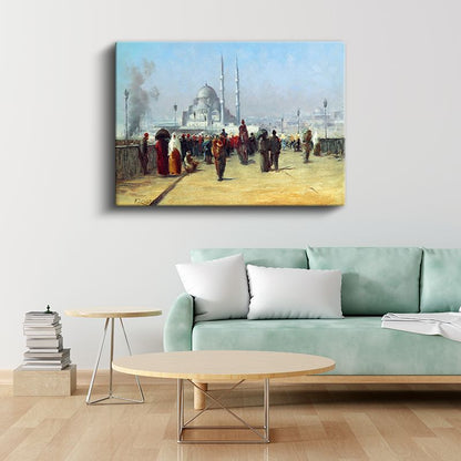 İstanbul Manzarası - Cami Önünde Kalabalık Kanvas Tablo
