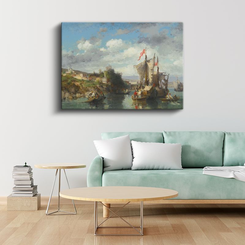 Fausto Zonaro - Osmanlı Kıyılarında Tekneler Kanvas Tablo