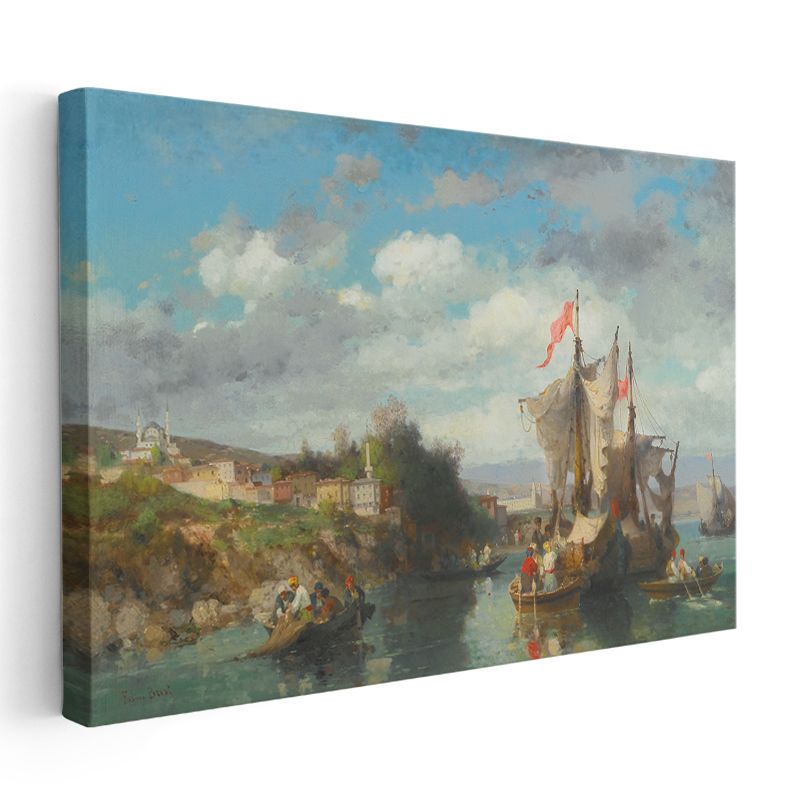 Fausto Zonaro - Osmanlı Kıyılarında Tekneler Kanvas Tablo
