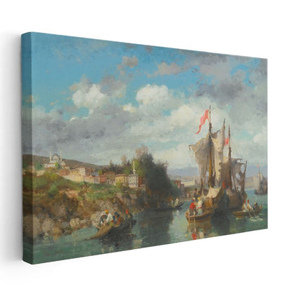 Fausto Zonaro - Osmanlı Kıyılarında Tekneler Kanvas Tablo