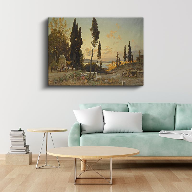 Boğaz Manzarası - Servi Ağaçları ve Çeşme Kanvas Tablo