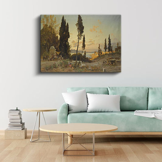 Boğaz Manzarası - Servi Ağaçları ve Çeşme Kanvas Tablo