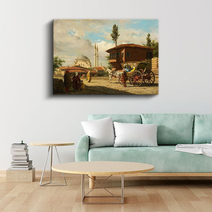 İstanbul Sokakları - Fayton ve Cami Manzarası Kanvas Tablo