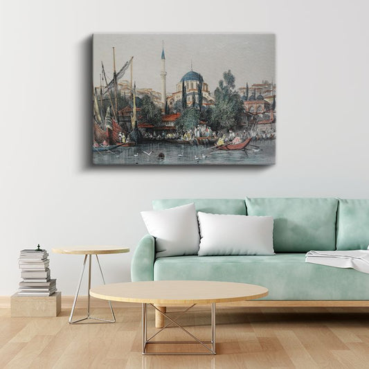 İstanbul Silueti - Tarihi Camiler ve Deniz Manzarası Kanvas Tablo