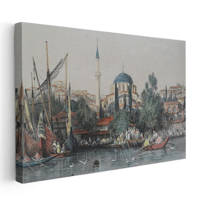 İstanbul Silueti - Tarihi Camiler ve Deniz Manzarası Kanvas Tablo