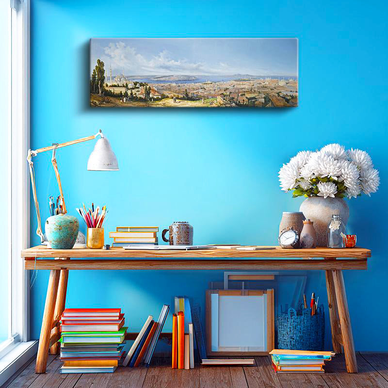 Yatay Panoramik Kanvas Tablo İstanbul Genel Şehir Manzarası Osmanlı Tablosu Ev Ofis Duvar Dekoru