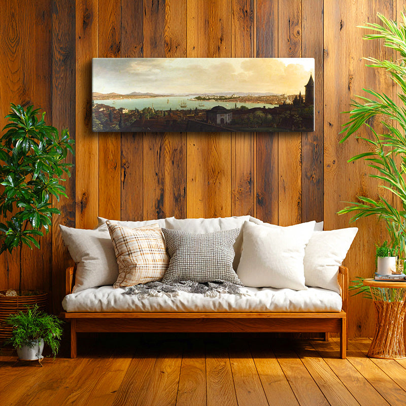 Yatay Panoramik Kanvas Tablo İstanbul Kıyı Yerleşimi Manzarası Osmanlı Tablosu Ev Ofis Duvar Dekoru