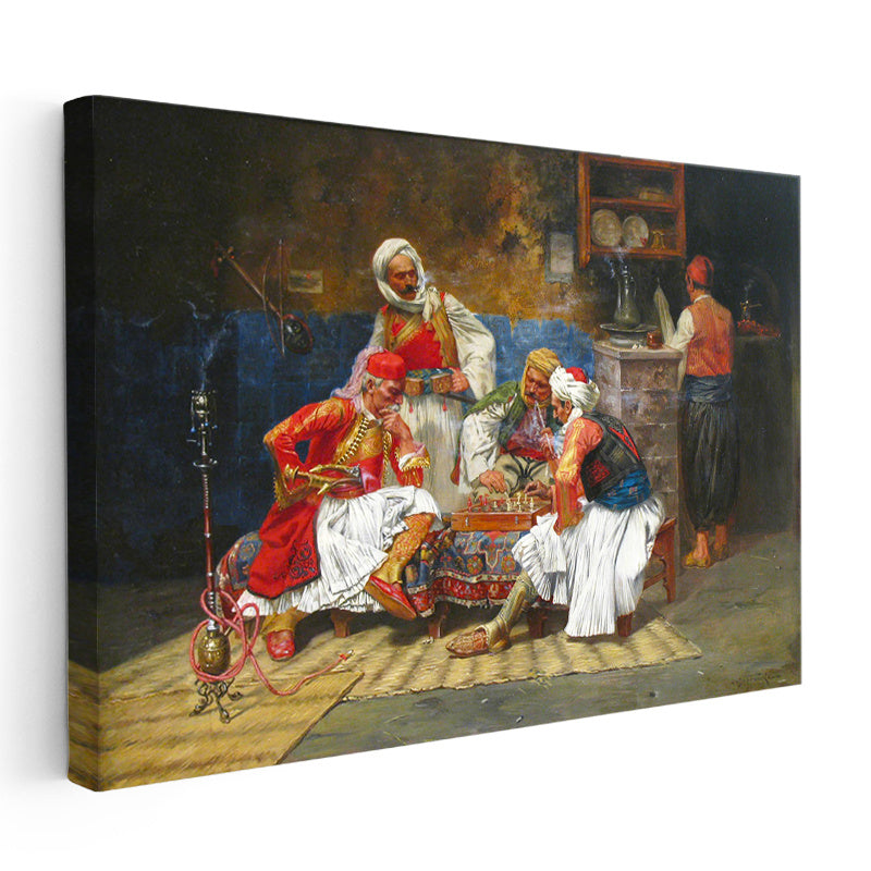 Yatay Kanvas Tablo Osmanlı Kahvehane Kültürü Sahnesi Osmanlı Tablosu Ev Ofis Duvar Dekoru