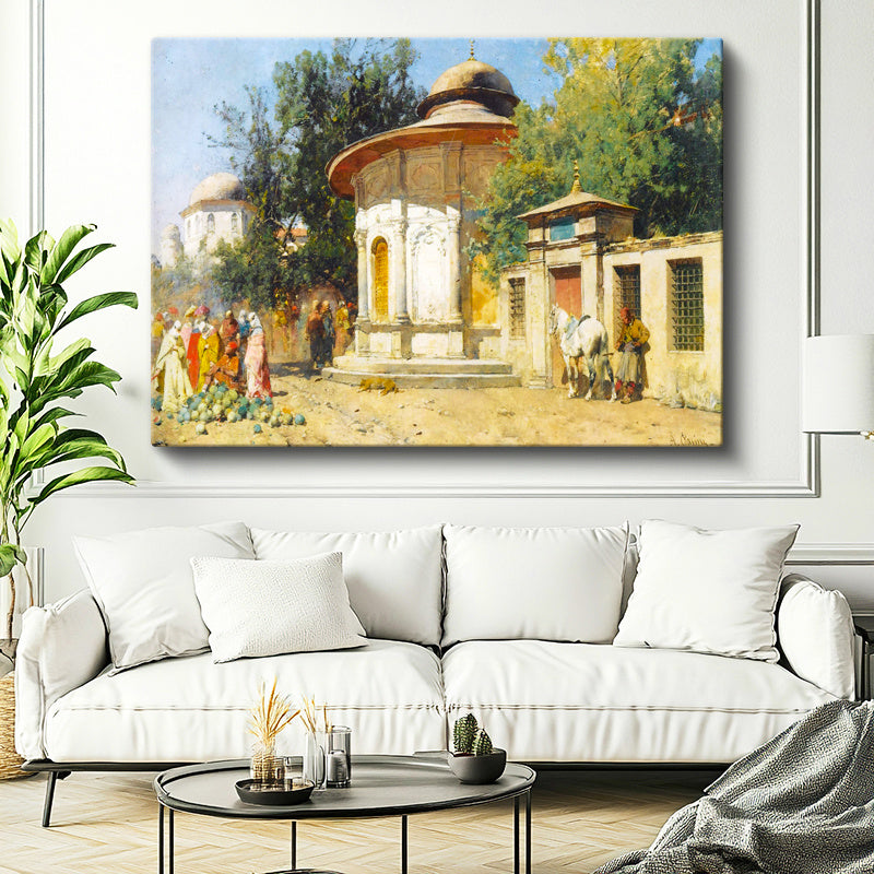 Yatay Kanvas Tablo Osmanlı Çeşme Meydanı Sahnesi Osmanlı Tablosu Ev Ofis Duvar Dekoru