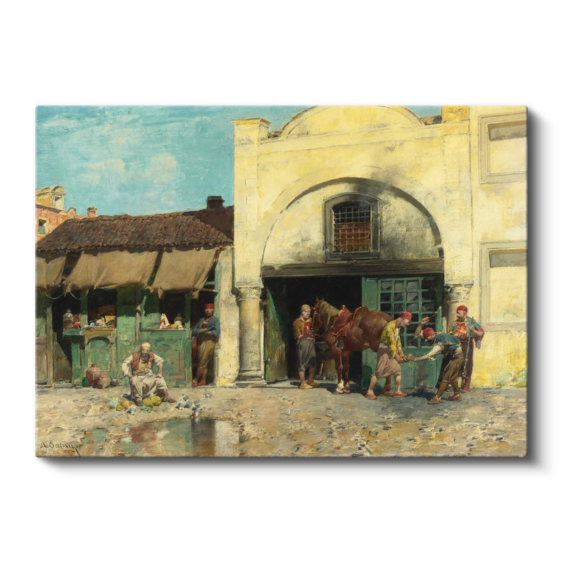 Yatay Kanvas Tablo Osmanlı Han Avlusu Sahnesi Osmanlı Tablosu Ev Ofis Duvar Dekoru