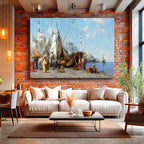 Yatay Kanvas Tablo Osmanlı Tersane Kıyısı Sahnesi Osmanlı Tablosu Ev Ofis Duvar Dekoru