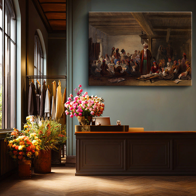 Yatay Kanvas Tablo Osmanlı Medrese Eğitimi Sahnesi Osmanlı Tablosu Ev Ofis Duvar Dekoru