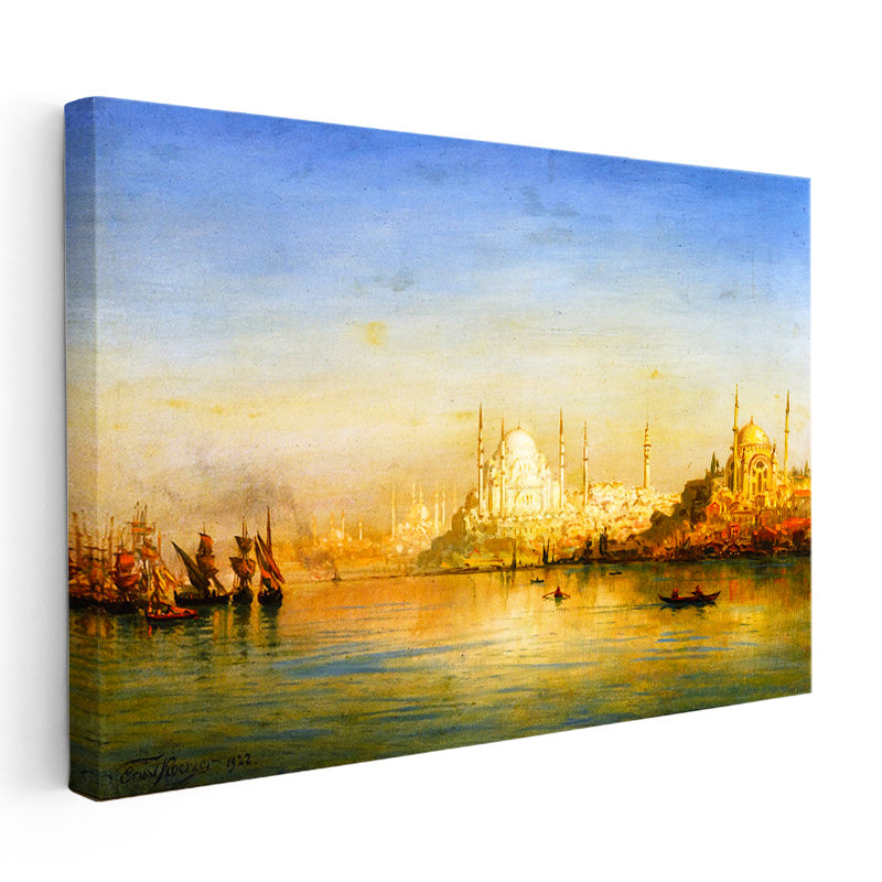 Yatay Kanvas Tablo İstanbul Boğazı Tarihi Silüet Manzarası Osmanlı Tablosu Ev Ofis Duvar Dekoru