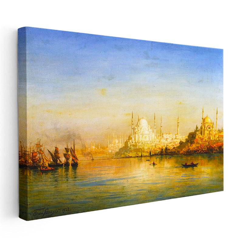 Yatay Kanvas Tablo İstanbul Boğazı Tarihi Silüet Manzarası Osmanlı Tablosu Ev Ofis Duvar Dekoru