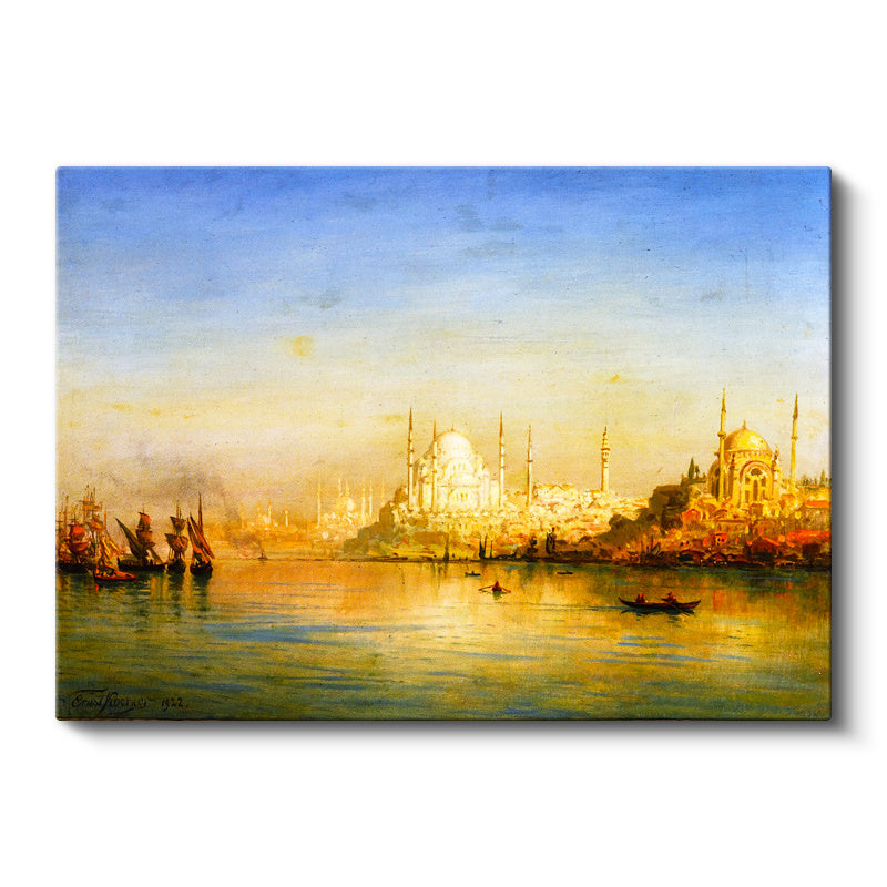 Yatay Kanvas Tablo İstanbul Boğazı Tarihi Silüet Manzarası Osmanlı Tablosu Ev Ofis Duvar Dekoru