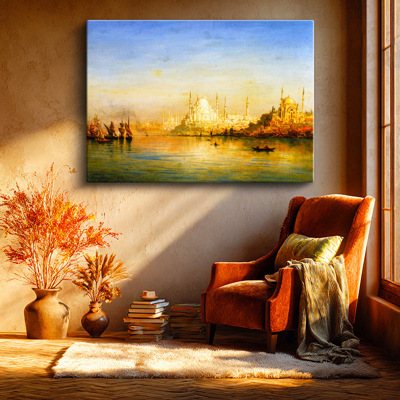 Yatay Kanvas Tablo İstanbul Boğazı Tarihi Silüet Manzarası Osmanlı Tablosu Ev Ofis Duvar Dekoru