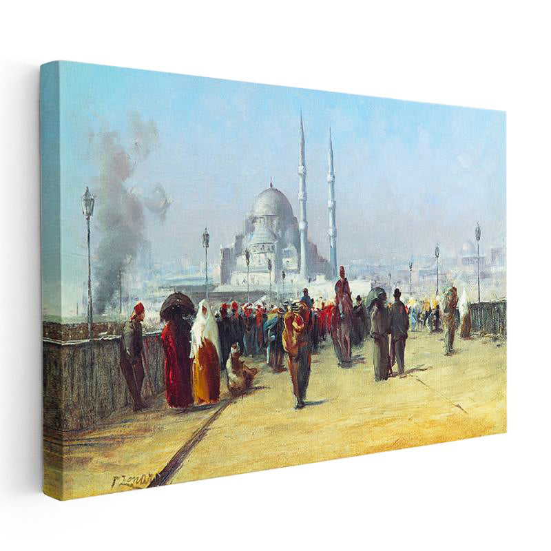 Yatay Kanvas Tablo İstanbul Köprü Üzeri Günlük Yaşam Sahnesi Osmanlı Tablosu Ev Ofis Duvar Dekoru