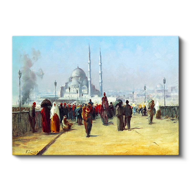 Yatay Kanvas Tablo İstanbul Köprü Üzeri Günlük Yaşam Sahnesi Osmanlı Tablosu Ev Ofis Duvar Dekoru