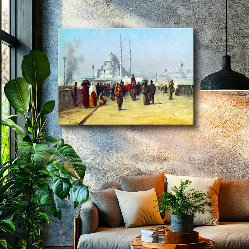 Yatay Kanvas Tablo İstanbul Köprü Üzeri Günlük Yaşam Sahnesi Osmanlı Tablosu Ev Ofis Duvar Dekoru