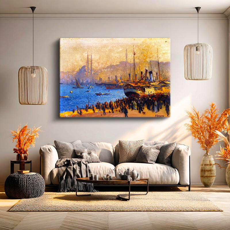 Yatay Kanvas Tablo Osmanlı Liman Ticaret Sahnesi Osmanlı Tablosu Ev Ofis Duvar Dekoru