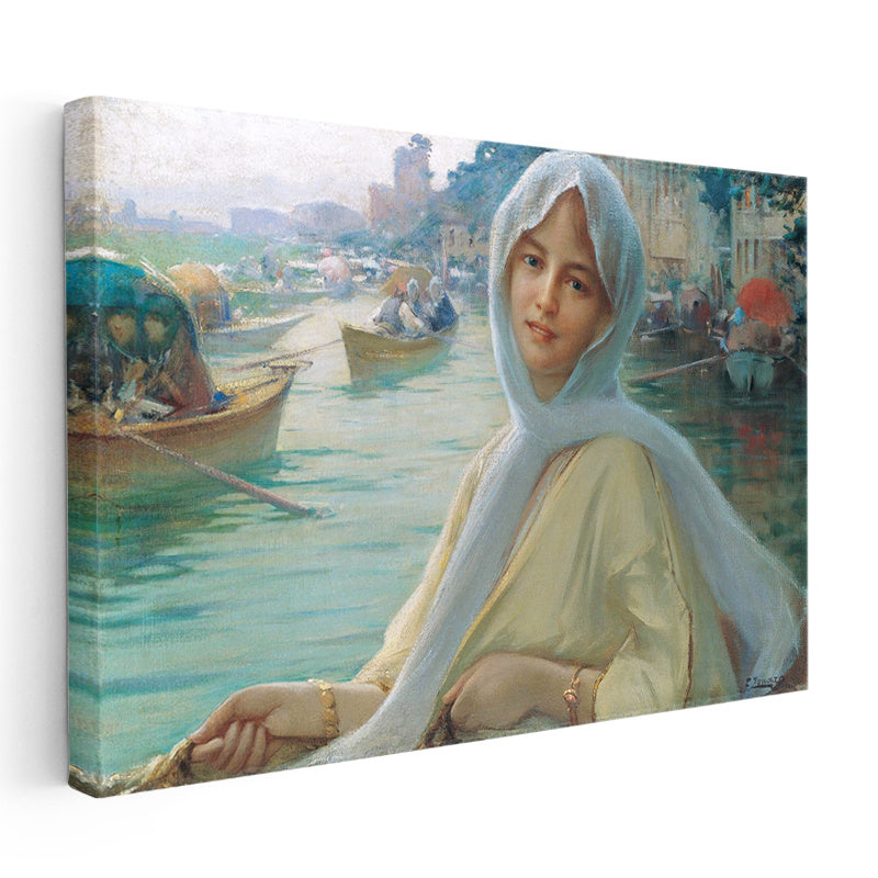 Yatay Kanvas Tablo Osmanlı Kayıkta Kadın Portresi Boğaz Sahnesi Ev Ofis Duvar Dekoru